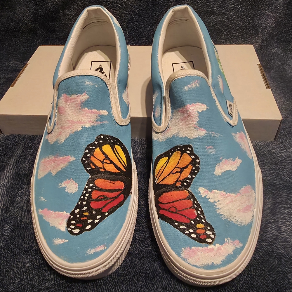 Custom Hand-painted Vans Slip-On shoes featuring a Sky and Butterfly theme.